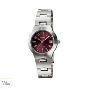 Casio LTP-1241D-4A2 นาฬิกาผู้หญิงหน้าปัดสีแดง สายโลหะ แข็งแรง เรียบหรูเหมาะสำหรับทุกวัน