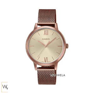 นาฬิกาผู้หญิง Casio รุ่น LTP-E157MR-9A สายตาข่ายสแตนเลสสีโรสโกลด์ หน้าปัดสีทองอ่อน เรียบหรูและทันสมัย