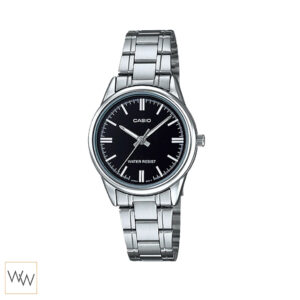 นาฬิกาผู้หญิง Casio รุ่น LTP-V005D-1AUDF หน้าปัดดำ กรอบเงิน สายสแตนเลส สไตล์วินเทจ