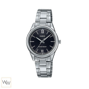 นาฬิกาผู้หญิง Casio รุ่น LTP-V005D-1B2UDF หน้าปัดดำ เลขโรมัน สายสแตนเลสเงิน ลุคเท่และคลาสสิก