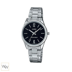 นาฬิกาผู้หญิง Casio รุ่น LTP-V005D-1BUDF หน้าปัดดำ สายสแตนเลสเงิน เรียบหรูแบบโมเดิร์น