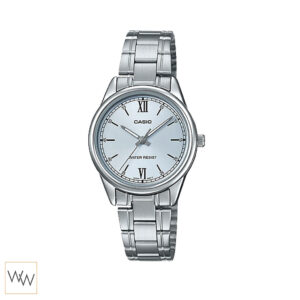 นาฬิกาผู้หญิง Casio รุ่น LTP-V005D-2B3UDF หน้าปัดฟ้า ตัวเลขโรมันและขีดสีดำ สายสแตนเลส สวยหรูทันสมัย