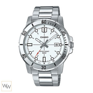 นาฬิกา Casio MTP-VD01D-7EVUDF หน้าปัดขาวลายวงกลม สายสแตนเลส