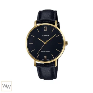Casio LTP-VT01GL-1BUDF นาฬิกาผู้หญิง หน้าปัดดำ ขอบทอง สายหนังดำ