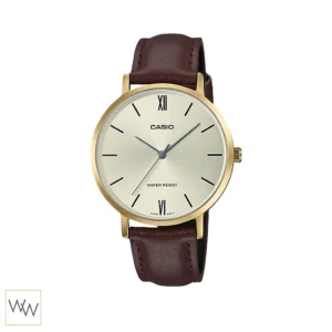 Casio LTP-VT01GL-9BUDF นาฬิกาผู้หญิง หน้าปัดทอง สายน้ำตาล