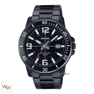 Casio MTP-VD01B-1BVUDF นาฬิกาข้อมือผู้ชาย หน้าปัดดำ สายสแตนเลสดำ