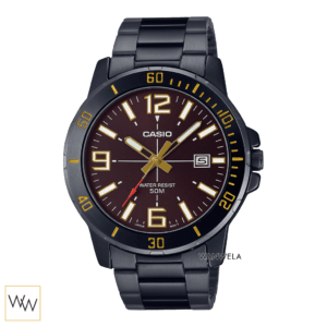 Casio MTP-VD01B-5BVUDF นาฬิกาผู้ชาย หน้าปัดน้ำตาล สายสแตนเลสดำ