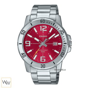 Casio MTP-VD01D-4BVUDF นาฬิกาผู้ชาย หน้าปัดแดง สายสแตนเลส