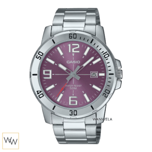 Casio MTP-VD01D-6BVUDF นาฬิกาผู้ชาย หน้าปัดม่วง สายสแตนเลส