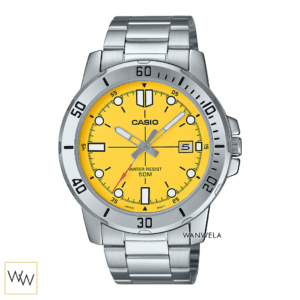 Casio MTP-VD01D-9EVUDF นาฬิกาผู้ชาย หน้าปัดเหลือง สายสแตนเลส
