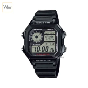 นาฬิกา Casio World Time รุ่น AE-1200WH-1AVDF สายเรซิ่นสีดำ ดีไซน์หน้าปัดดิจิทัลทรงเหลี่ยมสไตล์ Retro