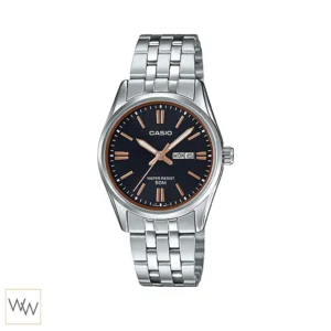 นาฬิกา Casio ผู้หญิง LTP-1335D-1A2VDF สายสแตนเลส หน้าปัดสีดำ หลักบอกเวลาสีโรสโกลด์