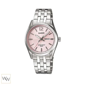 นาฬิกา Casio ผู้หญิง LTP-1335D-5AVDF หน้าปัดสีชมพู หลักบอกเวลาสีเงิน สายสแตนเลส