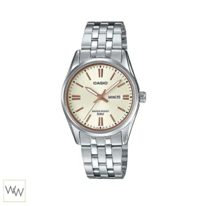 นาฬิกา Casio ผู้หญิง LTP-1335D-9AVDF หน้าปัดสีทอง หลักบอกเวลาสีโรสโกลด์ สายสแตนเลส