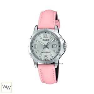 นาฬิกา Casio LTP-V004L-4BUDF สายหนังชมพูหน้าปัดสีเงิน