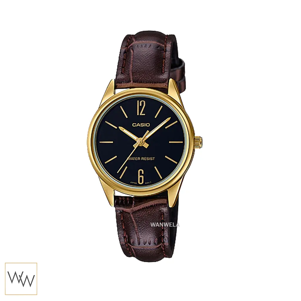 นาฬิกา Casio LTP-V005GL-1BUDF ตัวเรือนสีทองหน้าปัดดำ สายหนังสีดำ