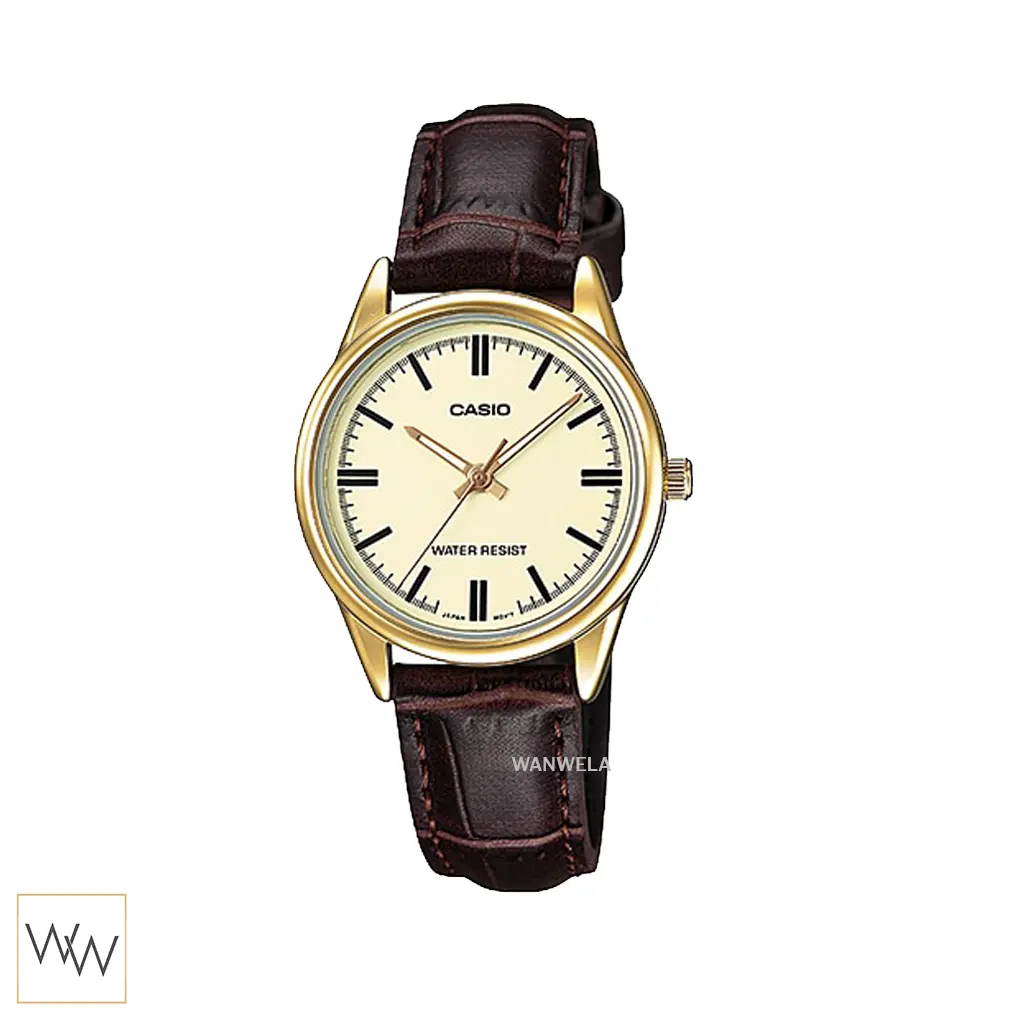 นาฬิกา Casio LTP-V005GL-9AUDF ตัวเรือนสีทองหน้าปัดทอง สายหนังสีน้ำตาล