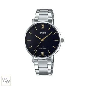 นาฬิกา Casio ผู้หญิง LTP-VT01D-1BUDF หน้าปัดดำ ดีไซน์มินิมอล สายสแตนเลส