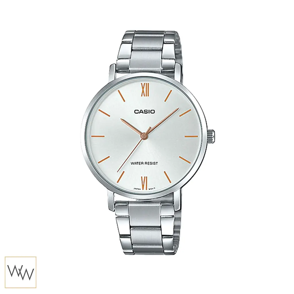 นาฬิกา Casio ผู้หญิง LTP-VT01D-7BUDF หน้าปัดเงิน ดีไซน์มินิมอล สายสแตนเลส