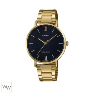 นาฬิกา Casio ผู้หญิง LTP-VT01G-1BUDF ตัวเรือนและสายสีทอง หน้าปัดดำ ดีไซน์มินิมอล