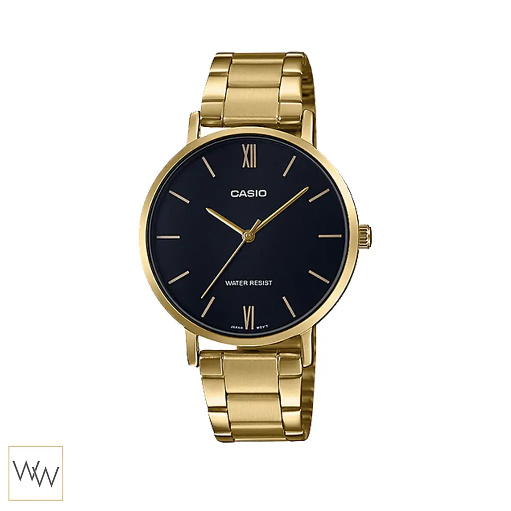 นาฬิกา Casio ผู้หญิง LTP-VT01G-1BUDF ตัวเรือนและสายสีทอง หน้าปัดดำ ดีไซน์มินิมอล