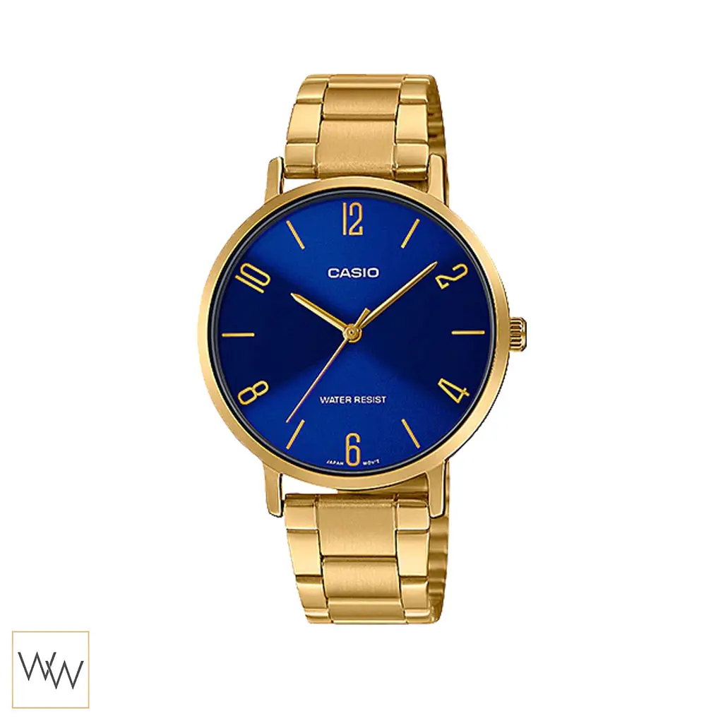 นาฬิกา Casio ผู้หญิง LTP-VT01G-2BUDF ตัวเรือนและสายสีทอง หน้าปัดน้ำเงิน สายสแตนเลส
