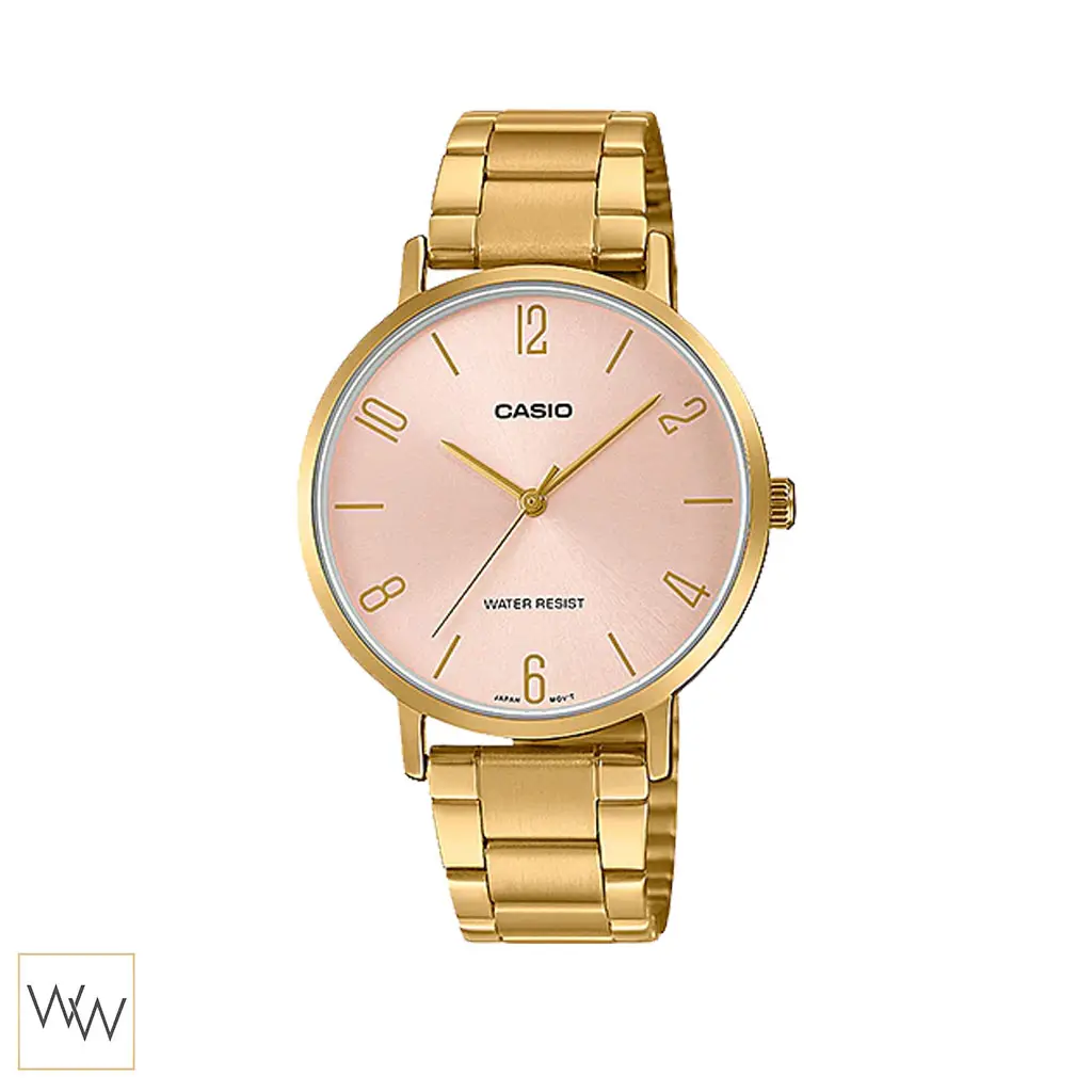 นาฬิกา Casio ผู้หญิง LTP-VT01G-4BUDF ตัวเรือนและสายสีทอง หน้าปัดชมพู หรูหรา