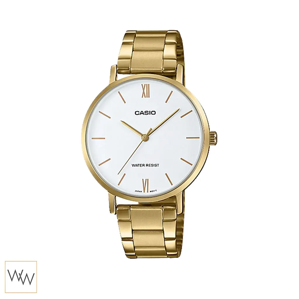 นาฬิกา Casio ผู้หญิง LTP-VT01G-7BUDF ตัวเรือนและสายสีทอง หน้าปัดสีขาว