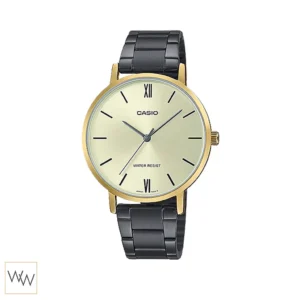 นาฬิกา Casio ผู้หญิง LTP-VT01GB-9BUDF สายสแตนเลสสีดำ ตัวเรือนทอง หน้าปัดทอง