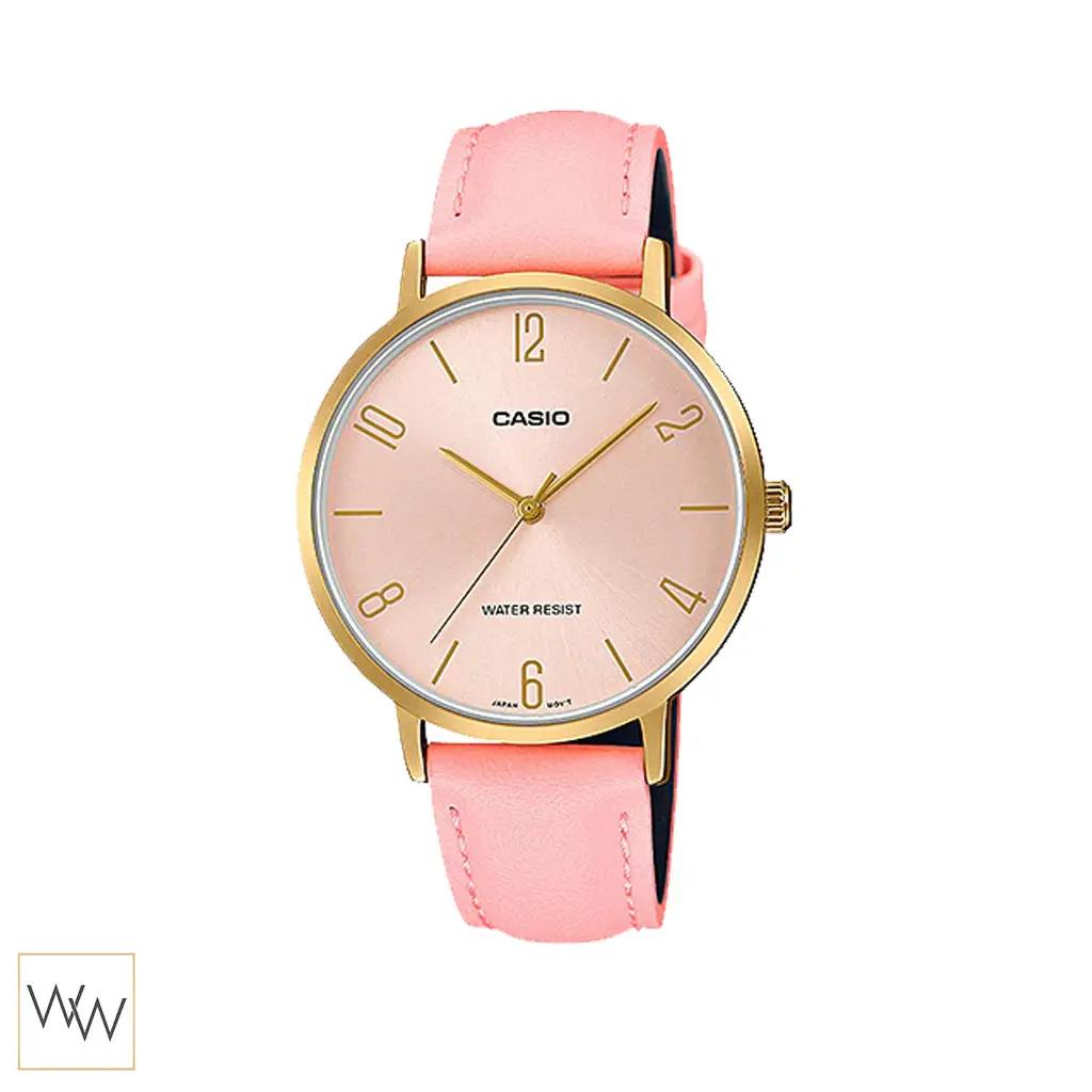 นาฬิกา Casio ผู้หญิง LTP-VT01GL-4BUDF ตัวเรือนสีทอง สายหนังสีชมพู หน้าปัดสีชมพู