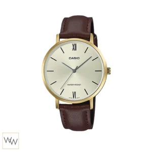 นาฬิกา Casio ผู้หญิง LTP-VT01GL-9BUDF ตัวเรือนสีทอง สายหนังสีน้ำตาลเข้ม หน้าปัดสีทอง