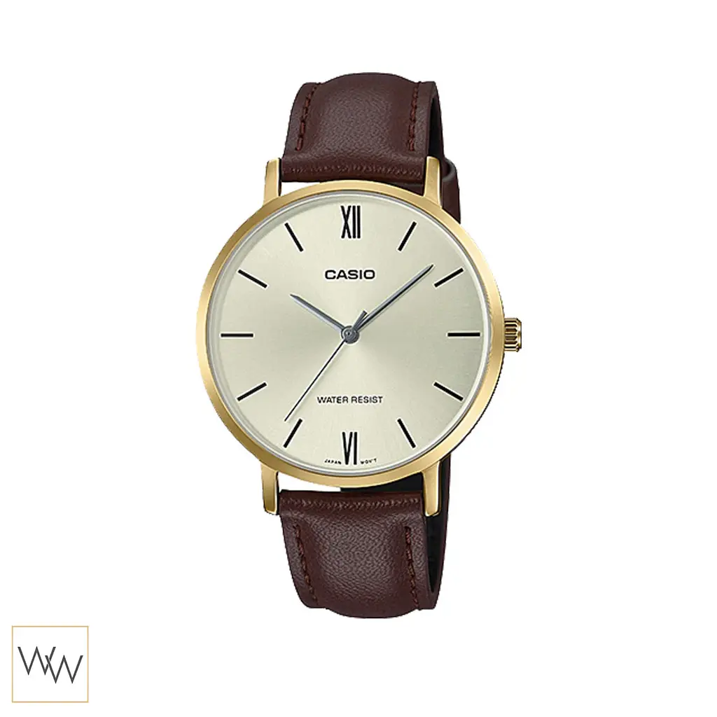 นาฬิกา Casio ผู้หญิง LTP-VT01GL-9BUDF ตัวเรือนสีทอง สายหนังสีน้ำตาลเข้ม หน้าปัดสีทอง