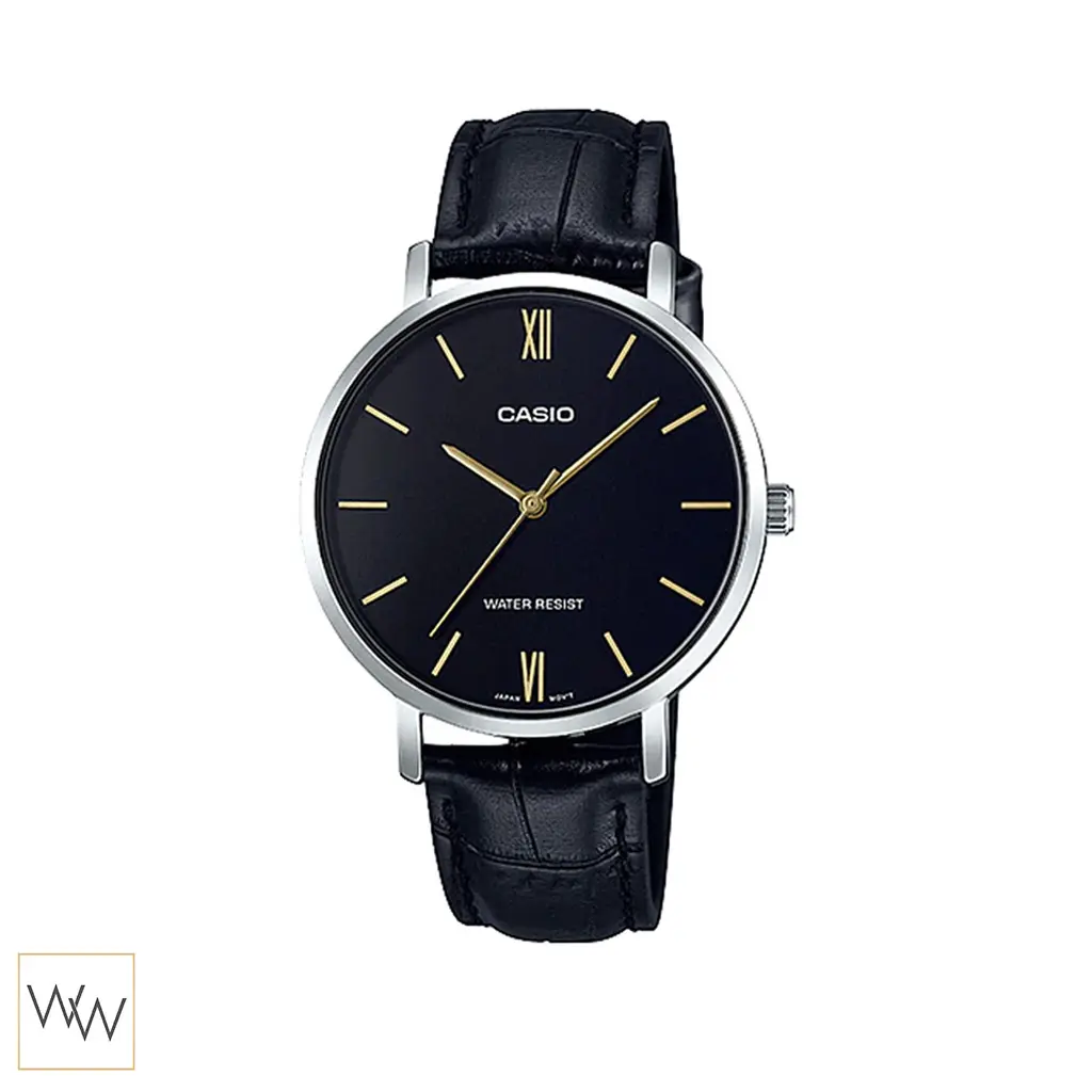 นาฬิกา Casio ผู้หญิง LTP-VT01L-1BUDF สายหนังสีดำ หน้าปัดสีดำ ดีไซน์มินิมอล