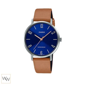 นาฬิกา Casio ผู้หญิง LTP-VT01L-2B2UDF ตัวเรือนสีเงิน สายหนังสีน้ำตาล หน้าปัดสีน้ำเงิน