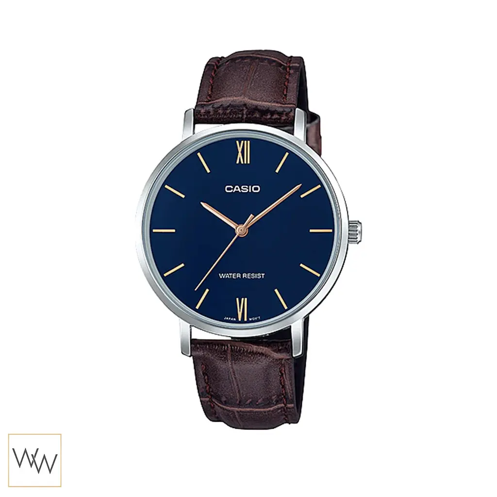 นาฬิกา Casio ผู้หญิง LTP-VT01L-2BUDF สายหนังสีน้ำตาล หน้าปัดสีน้ำเงินเข้ม