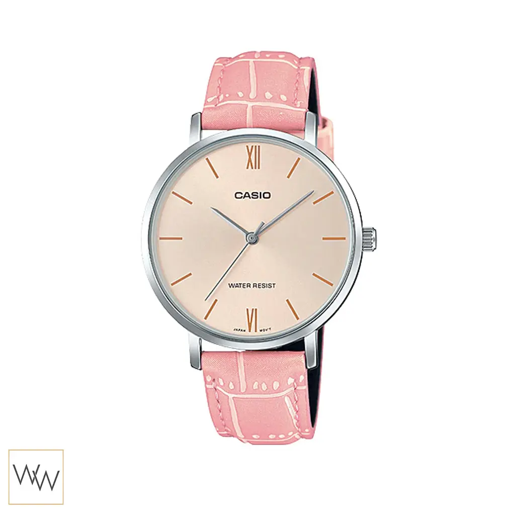 นาฬิกา Casio ผู้หญิง LTP-VT01L-4BUDF สายหนังสีชมพู หน้าปัดสีชมพู