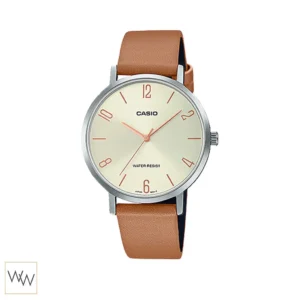 นาฬิกา Casio ผู้หญิง LTP-VT01L-5BUDF ตัวเรือนสีเงิน สายหนังสีน้ำตาล หน้าปัดสีทอง