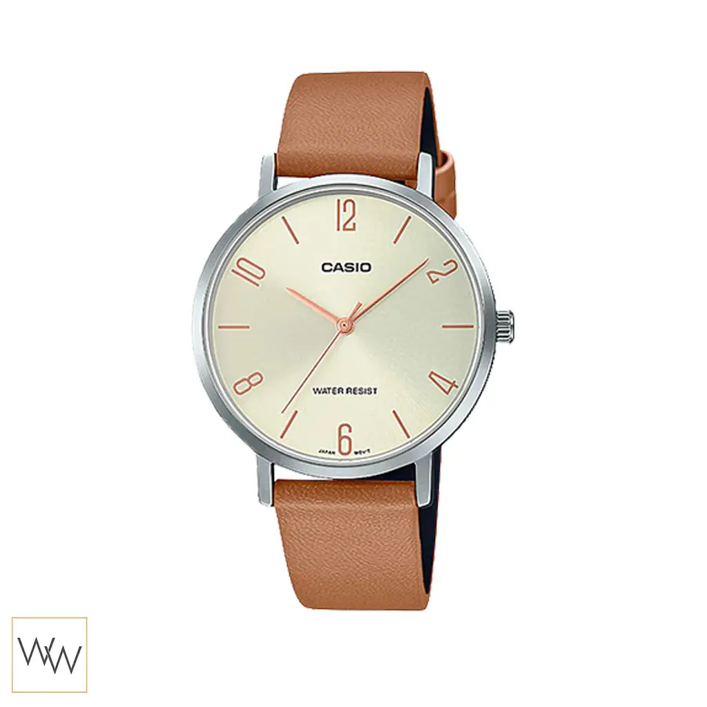 นาฬิกา Casio ผู้หญิง LTP-VT01L-5BUDF ตัวเรือนสีเงิน สายหนังสีน้ำตาล หน้าปัดสีทอง
