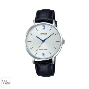 นาฬิกา Casio ผู้หญิง LTP-VT01L-7B1UDF สายหนังสีดำ หน้าปัดสีเงินหลักขีดน้ำเงิน