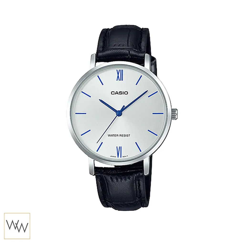 นาฬิกา Casio ผู้หญิง LTP-VT01L-7B1UDF สายหนังสีดำ หน้าปัดสีเงินหลักขีดน้ำเงิน