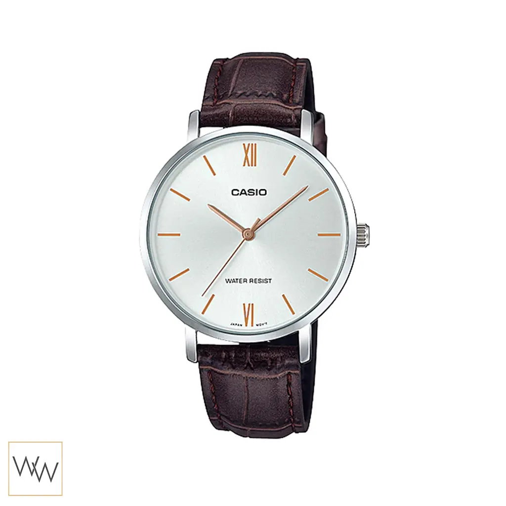 นาฬิกา Casio ผู้หญิง LTP-VT01L-7B2UDF สายหนังสีน้ำตาล หน้าปัดสีเงิน