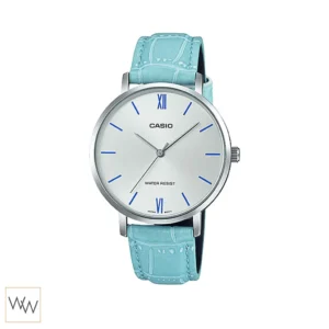 นาฬิกา Casio ผู้หญิง LTP-VT01L-7B3UDF สายหนังสีฟ้า หน้าปัดสีเงิน