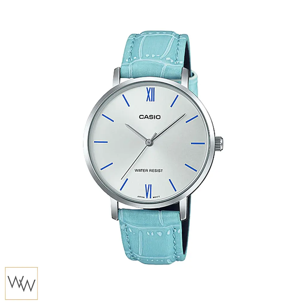 นาฬิกา Casio ผู้หญิง LTP-VT01L-7B3UDF สายหนังสีฟ้า หน้าปัดสีเงิน
