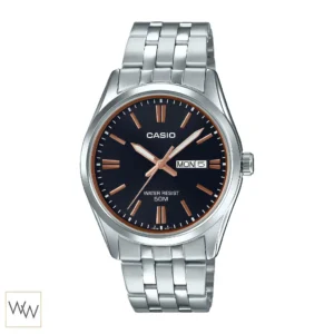 นาฬิกา Casio ผู้ชาย MTP-1335D-1A2VDF หน้าปัดดำ หลักบอกเวลาสีโรสโกลด์ สายสแตนเลส