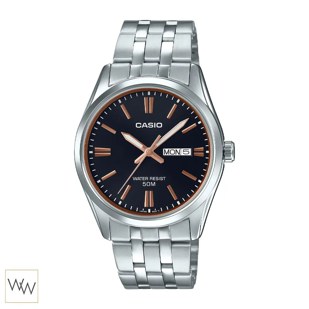 นาฬิกา Casio ผู้ชาย MTP-1335D-1A2VDF หน้าปัดดำ หลักบอกเวลาสีโรสโกลด์ สายสแตนเลส