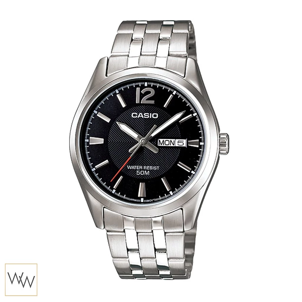 นาฬิกา Casio ผู้ชาย MTP-1335D-1AVDF หน้าปัดดำ หลักบอกเวลาสีเงิน สายสแตนเลส