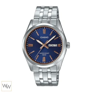 นาฬิกา Casio ผู้ชาย MTP-1335D-2A2VDF หน้าปัดน้ำเงิน หลักบอกเวลาสีโรสโกลด์ สายสแตนเลส