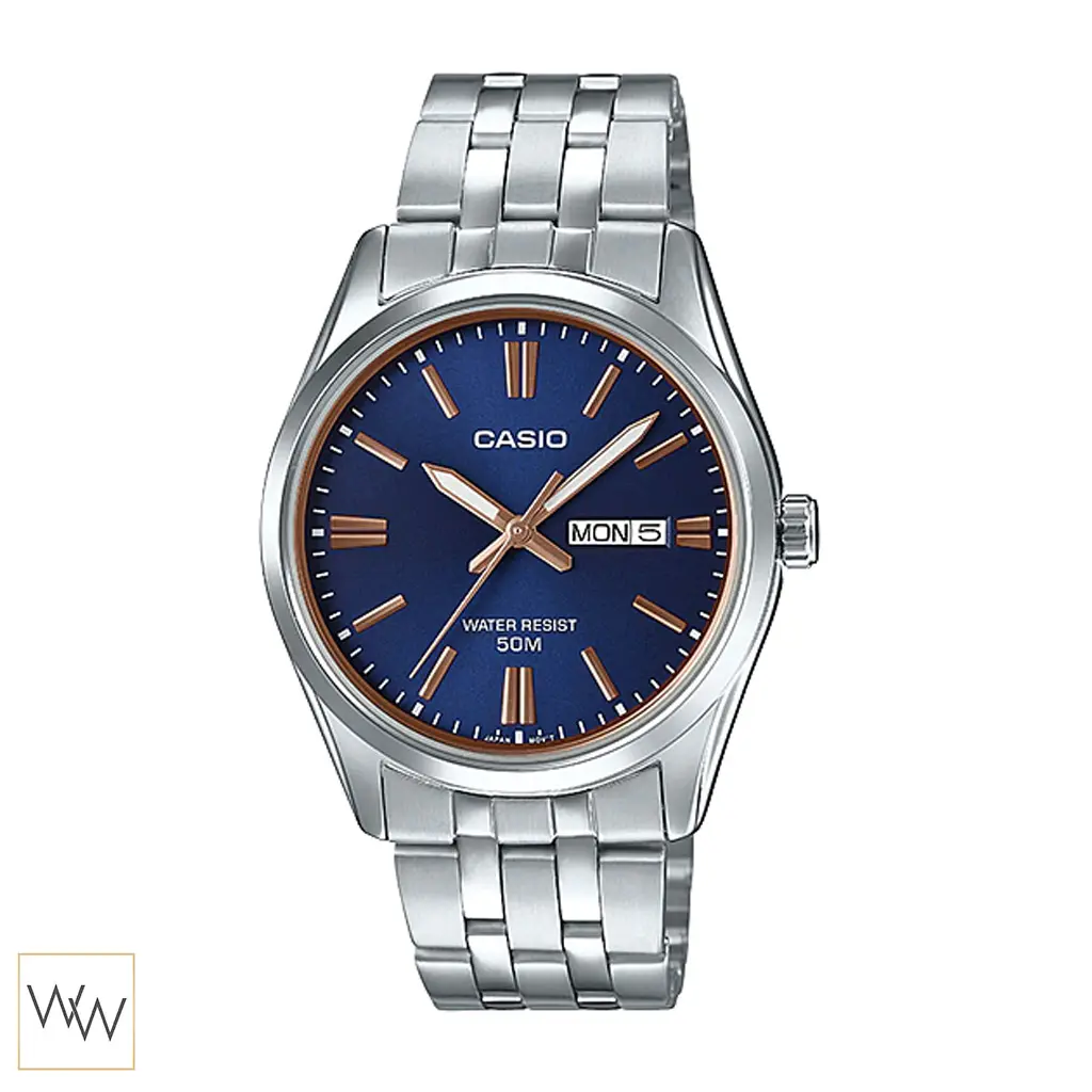 นาฬิกา Casio ผู้ชาย MTP-1335D-2A2VDF หน้าปัดน้ำเงิน หลักบอกเวลาสีโรสโกลด์ สายสแตนเลส