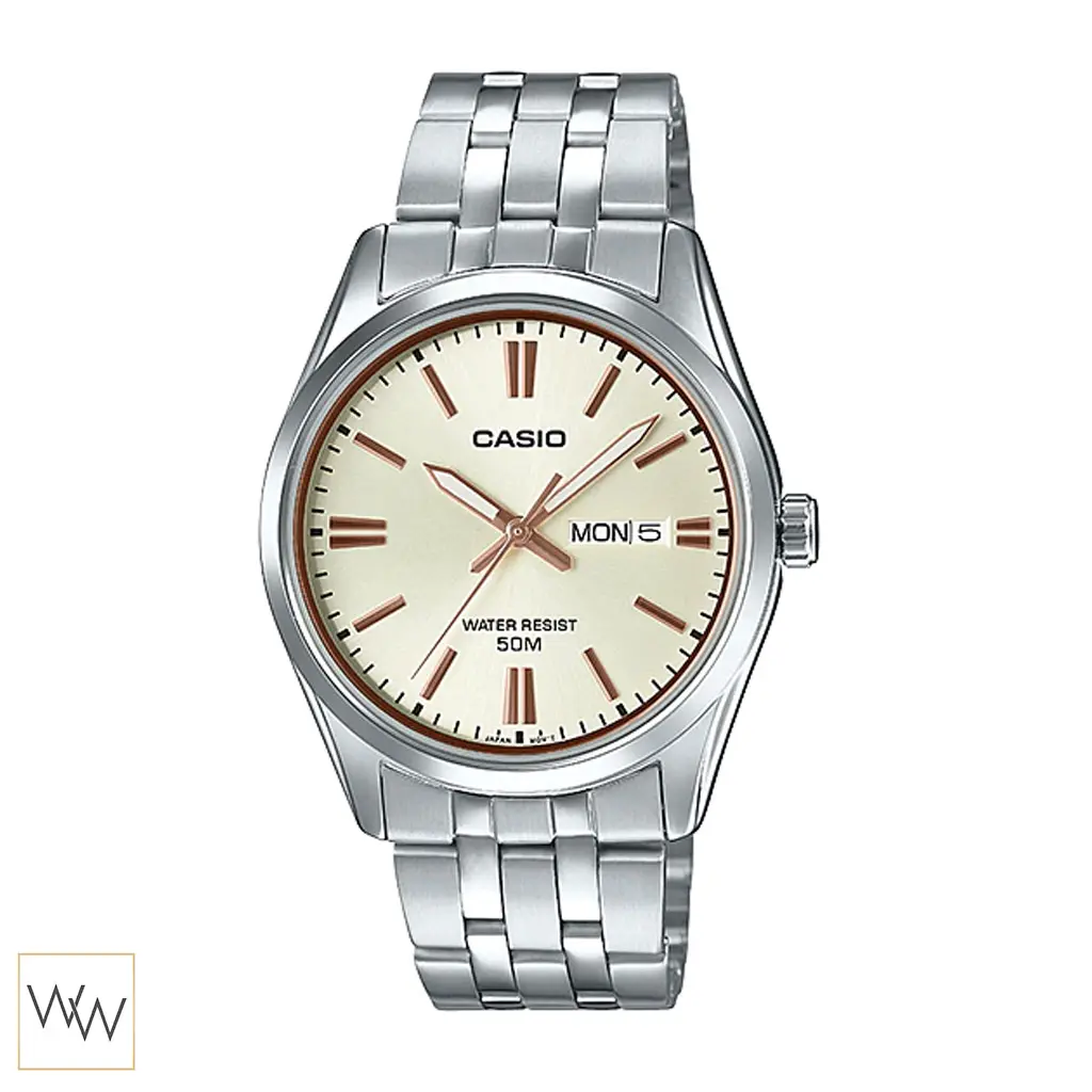 นาฬิกา Casio ผู้ชาย MTP-1335D-9AVDF หน้าปัดสีทอง หลักบอกเวลาสีโรสโกลด์ สายสแตนเลส
