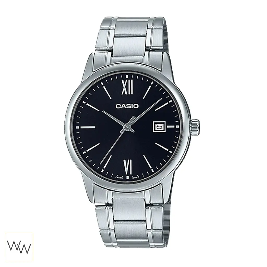 นาฬิกา Casio ผู้ชาย MTP-V002D-1B3UDF สายสแตนเลสสีเงินหน้าปัดสีดำ